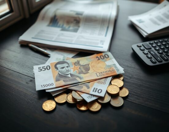 Romanian leu banknotes and coins on a desk, symbolizing currency market analysis.
