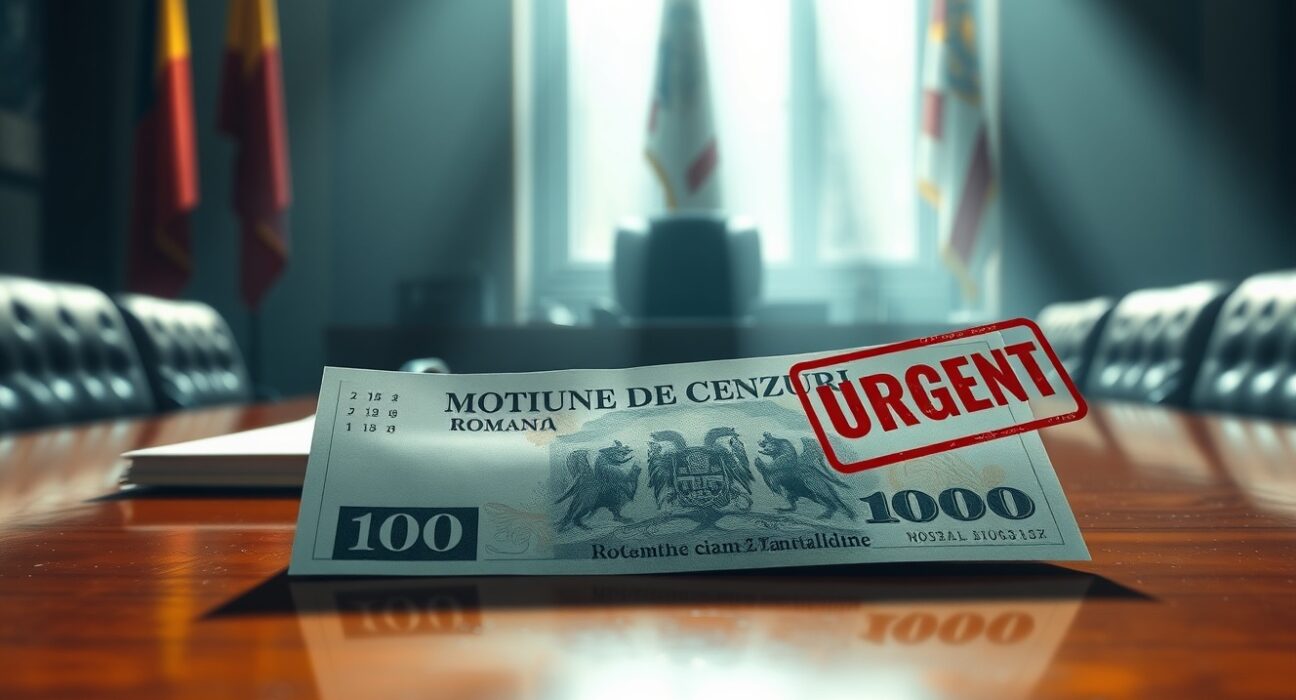 Romanian Leu banknote on desk with no-confidence motion document, representing currency crisis ahead of Government confidence vote