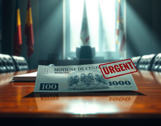 Romanian Leu banknote on desk with no-confidence motion document, representing currency crisis ahead of Government confidence vote