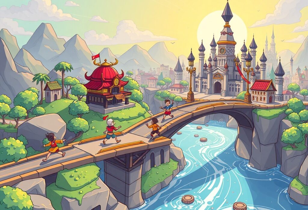 A vibrant cartoon illustration showing Ronin's strategic move to Ethereum L2, symbolizing enhanced gaming blockchain scalability.