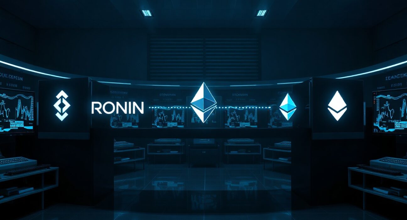 Digital visualization of Ronin blockchain transitioning to Ethereum Layer 2 via hard fork