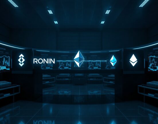 Digital visualization of Ronin blockchain transitioning to Ethereum Layer 2 via hard fork