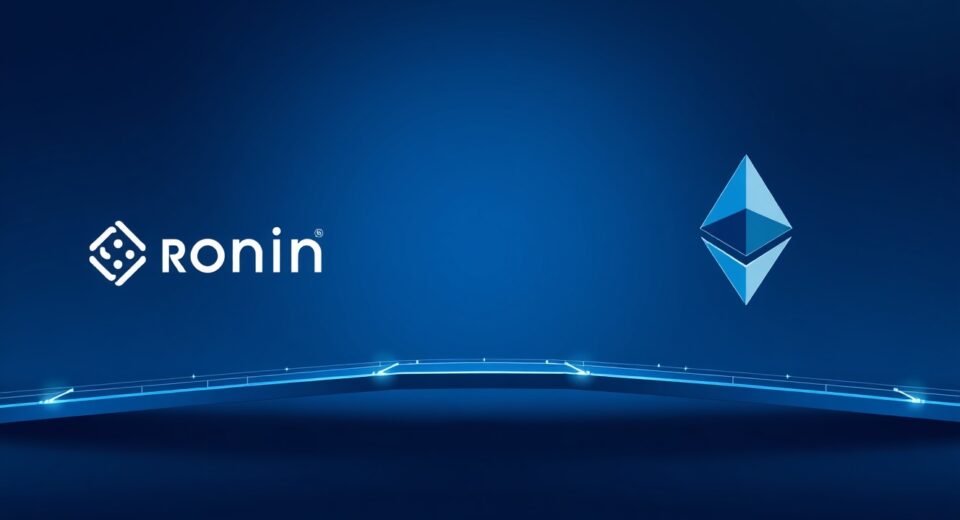Ronin logo connected to Ethereum logo via a digital bridge, symbolizing Layer 2 migration