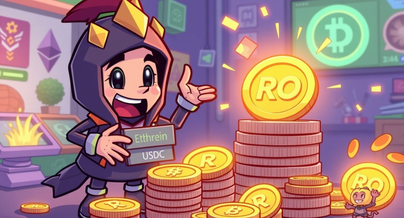 A cartoon illustration showing Ronin's strategic RON buyback, exchanging ETH and USDC for RON tokens to strengthen its ecosystem.