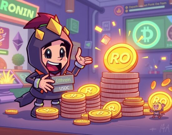 A cartoon illustration showing Ronin's strategic RON buyback, exchanging ETH and USDC for RON tokens to strengthen its ecosystem.