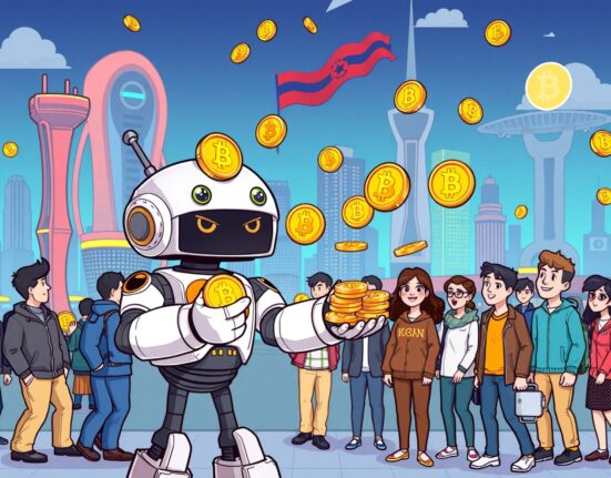 A vibrant cartoon illustrating the exciting Rootstock RIF token distribution on the Korbit exchange platform.