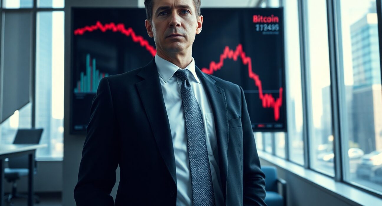 Financial executive standing in modern office with a declining Bitcoin price chart on a digital display