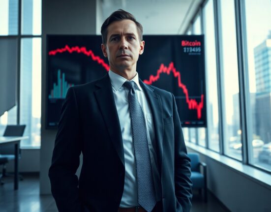 Financial executive standing in modern office with a declining Bitcoin price chart on a digital display
