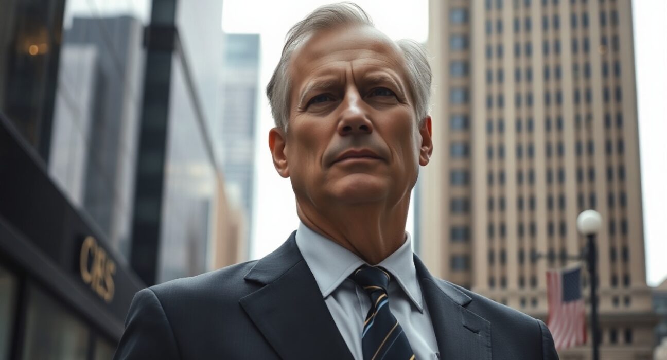 Ross Gerber, CEO of Gerber Kawasaki Wealth, in a business suit, looking contemplative in a financial district.