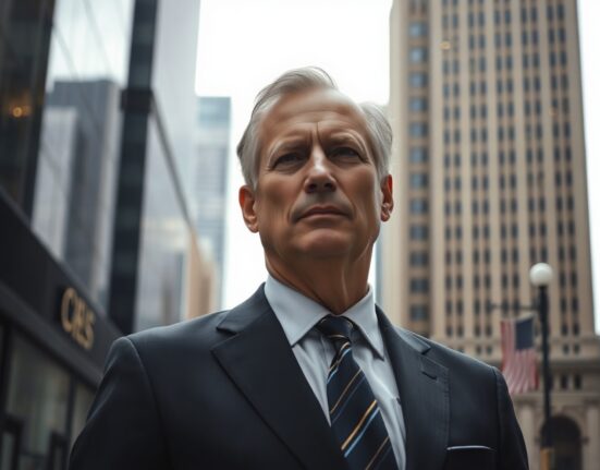 Ross Gerber, CEO of Gerber Kawasaki Wealth, in a business suit, looking contemplative in a financial district.