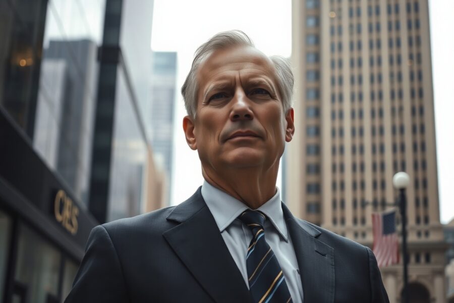 Ross Gerber, CEO of Gerber Kawasaki Wealth, in a business suit, looking contemplative in a financial district.