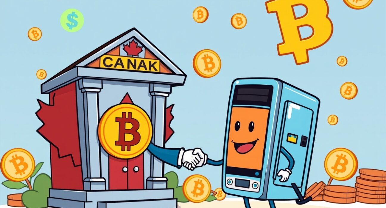 Cartoon illustration of Royal Bank of Canada making a strategic Bitcoin investment, symbolizing institutional adoption.