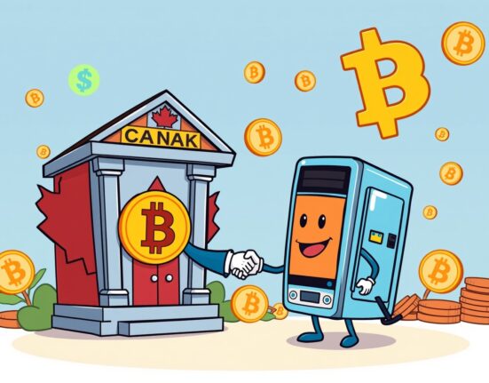 Cartoon illustration of Royal Bank of Canada making a strategic Bitcoin investment, symbolizing institutional adoption.