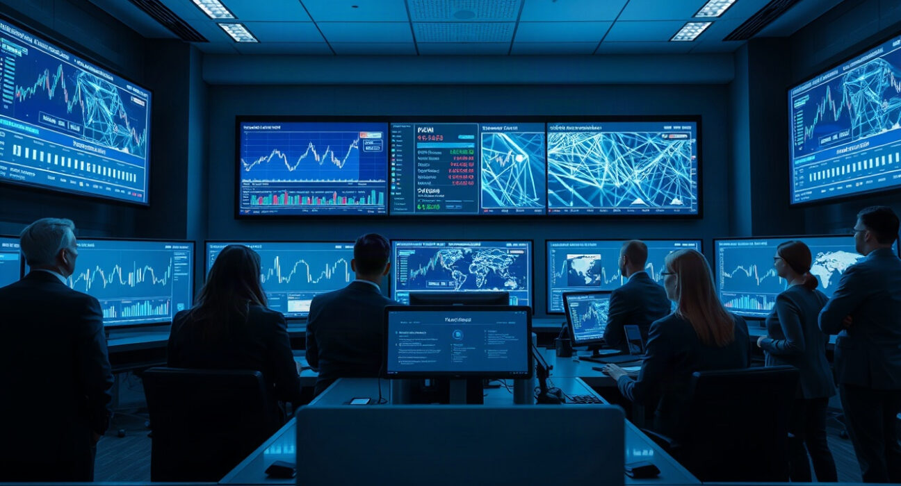 Financial professionals monitoring digital asset trading charts in a modern clearing house control room.