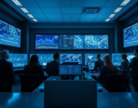 Financial professionals monitoring digital asset trading charts in a modern clearing house control room.