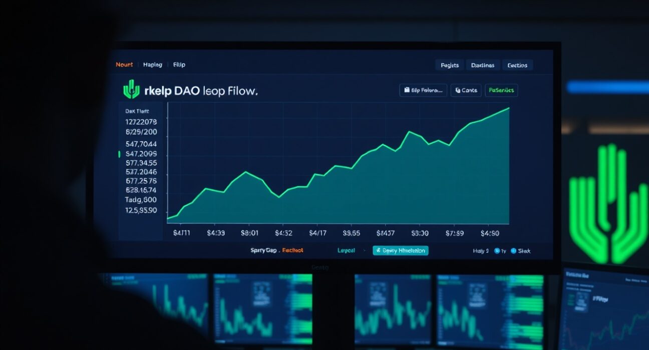 Digital dashboard showing green chart for rsETH net outflows with Kelp DAO logo in background, indicating recovering investor confidence.