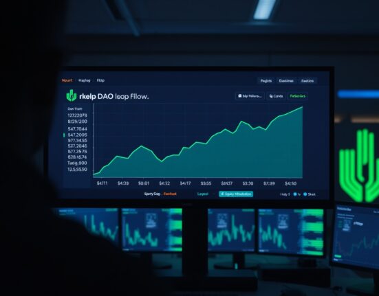 Digital dashboard showing green chart for rsETH net outflows with Kelp DAO logo in background, indicating recovering investor confidence.
