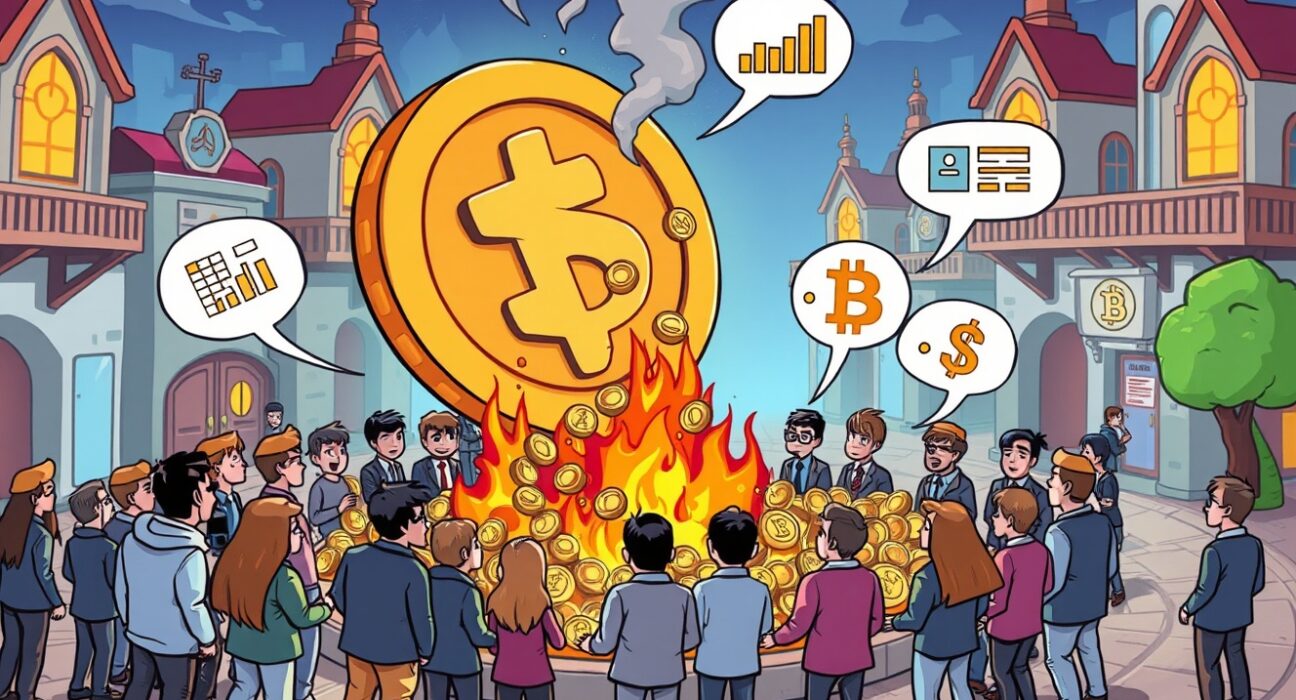 A vibrant cartoon illustrating the transformative RSR tokenomics proposal with community discussion and token burning.