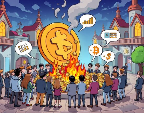 A vibrant cartoon illustrating the transformative RSR tokenomics proposal with community discussion and token burning.