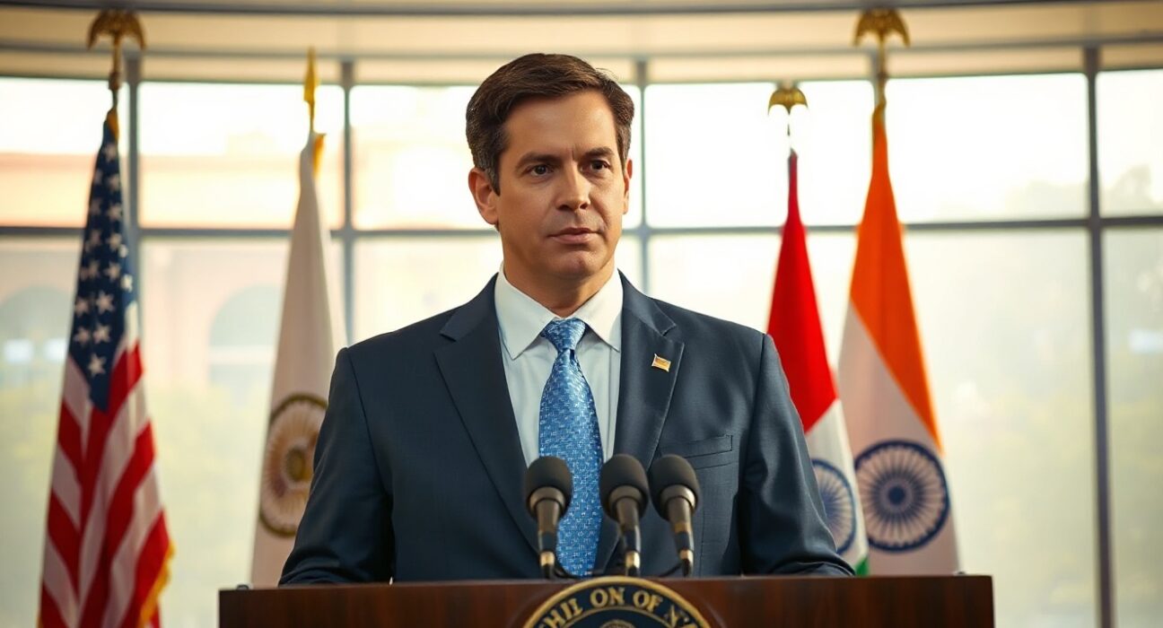 U.S. Secretary of State Marco Rubio speaking at a press conference in New Delhi, India, about Iran nuclear negotiations.