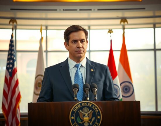 U.S. Secretary of State Marco Rubio speaking at a press conference in New Delhi, India, about Iran nuclear negotiations.