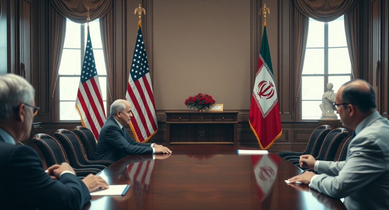 Diplomatic meeting with US and Iranian officials negotiating a potential agreement.