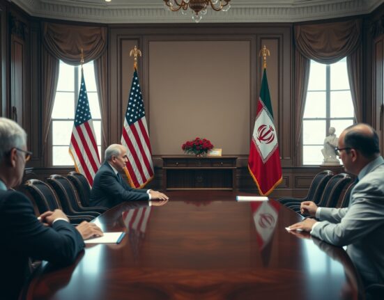 Diplomatic meeting with US and Iranian officials negotiating a potential agreement.