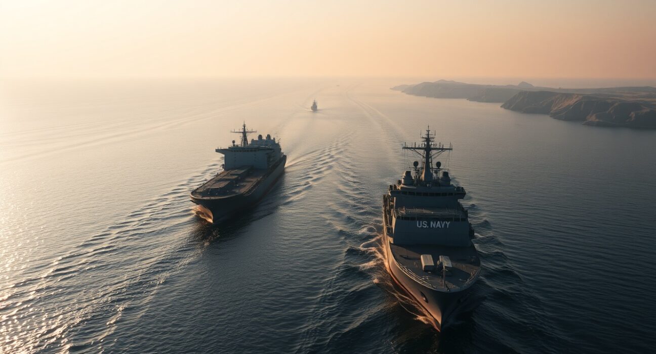 Oil tanker and US Navy warship in the Strait of Hormuz at dawn