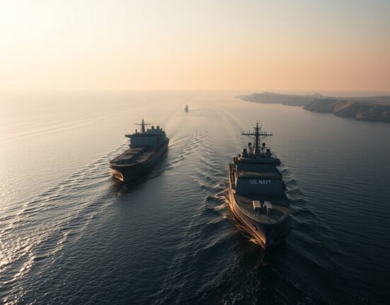 Oil tanker and US Navy warship in the Strait of Hormuz at dawn