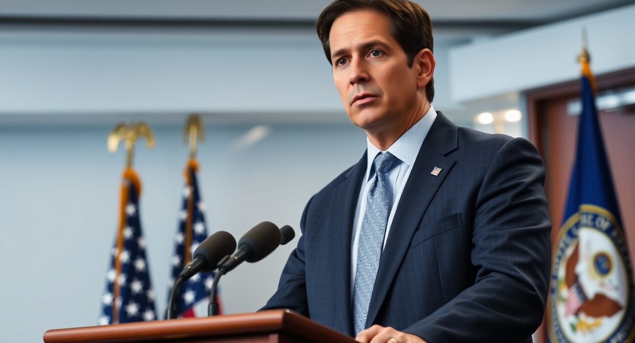 US Secretary of State Marco Rubio speaking at a press briefing about Iran nuclear negotiations