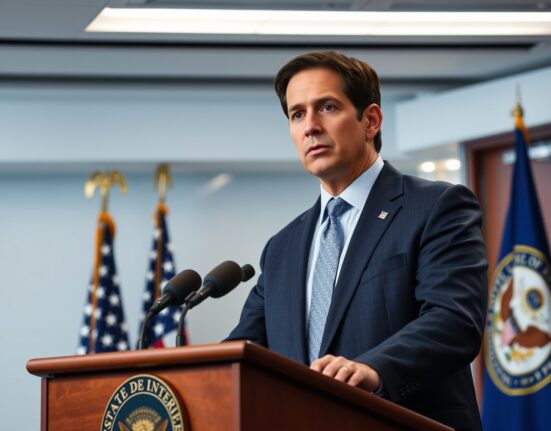 US Secretary of State Marco Rubio speaking at a press briefing about Iran nuclear negotiations
