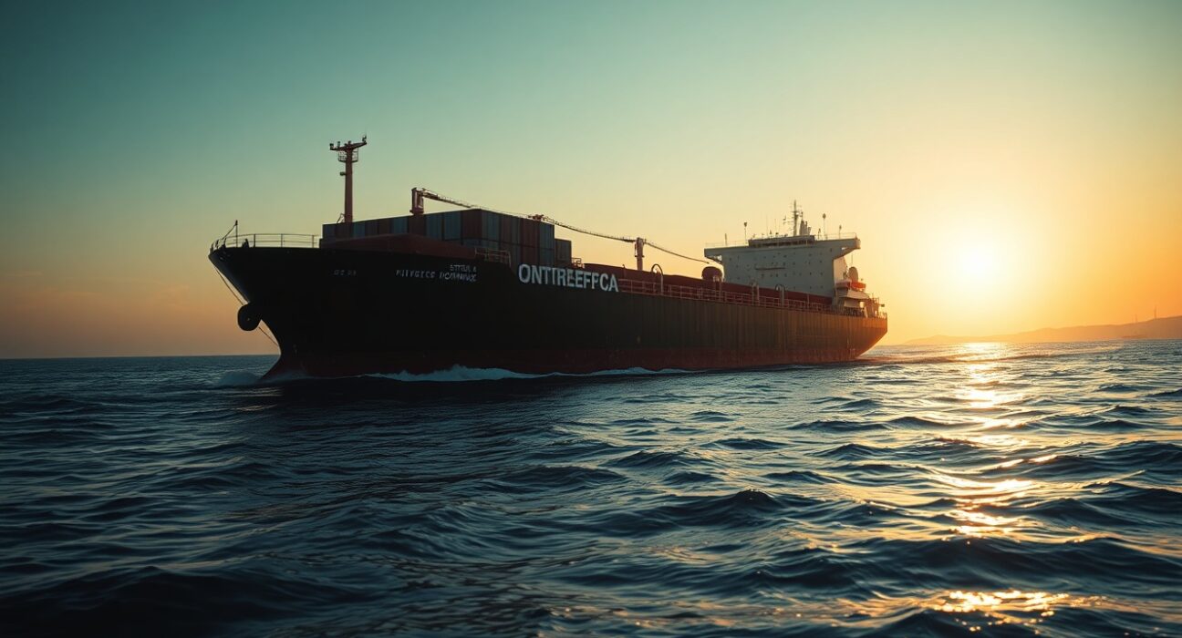 Oil tanker navigating the Strait of Hormuz at dawn with Iranian coastline in background