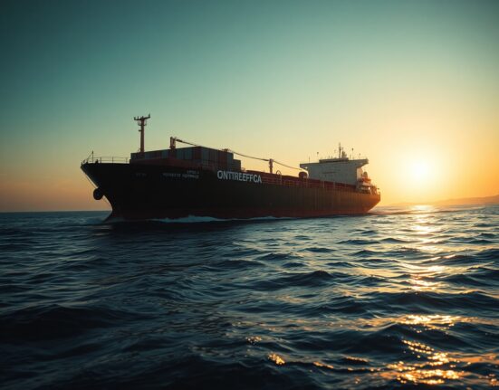 Oil tanker navigating the Strait of Hormuz at dawn with Iranian coastline in background
