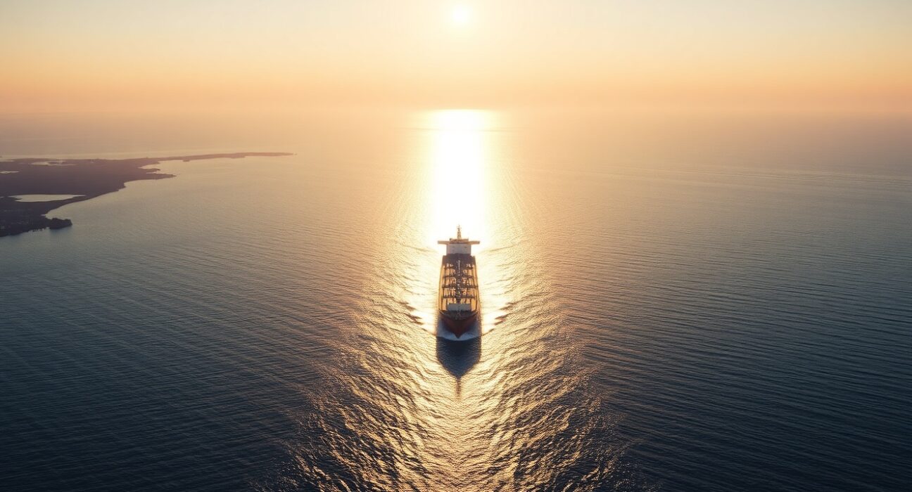 Oil tanker navigating the Strait of Hormuz at sunrise with coastlines visible on both sides
