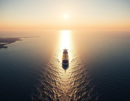 Oil tanker navigating the Strait of Hormuz at sunrise with coastlines visible on both sides