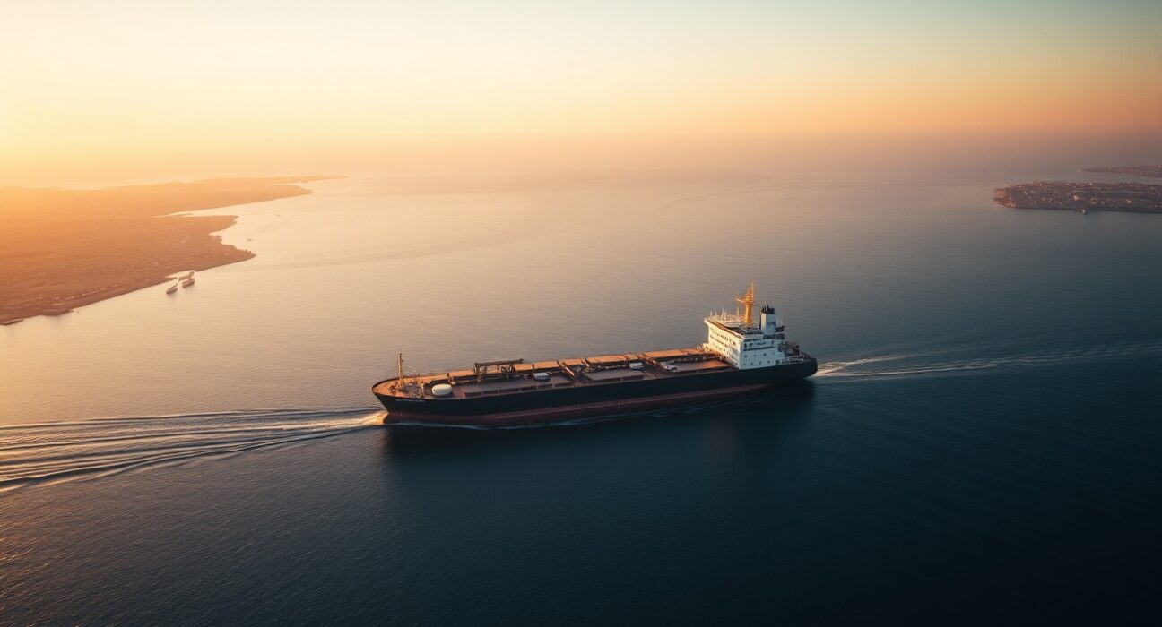 Oil tanker navigating the Strait of Hormuz at dawn with coastlines visible