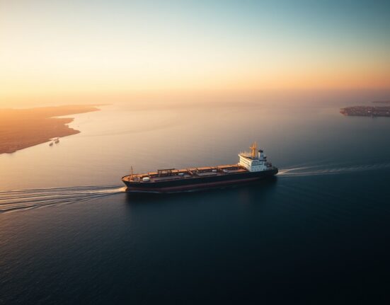 Oil tanker navigating the Strait of Hormuz at dawn with coastlines visible