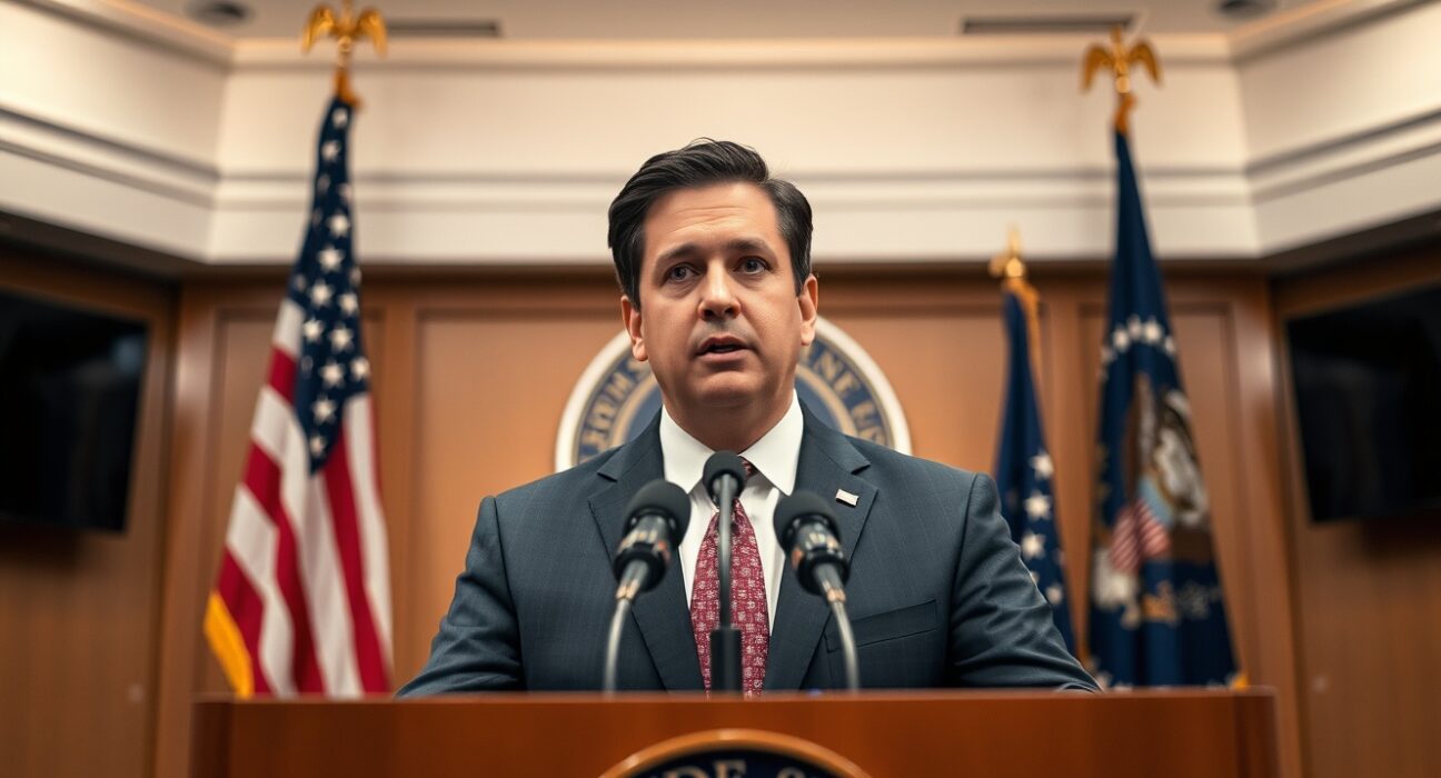 US Secretary of State Marco Rubio speaking at a press briefing about Iran negotiations.