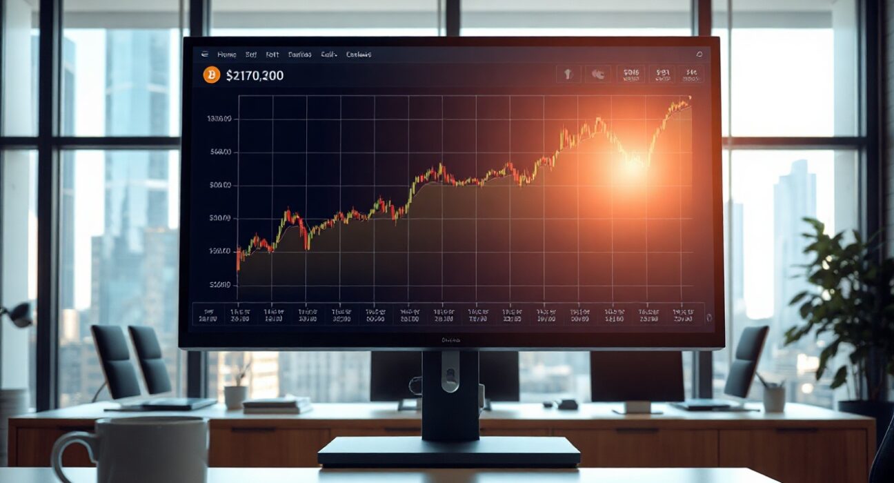 Rumble office with Bitcoin price chart on monitor