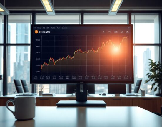 Rumble office with Bitcoin price chart on monitor