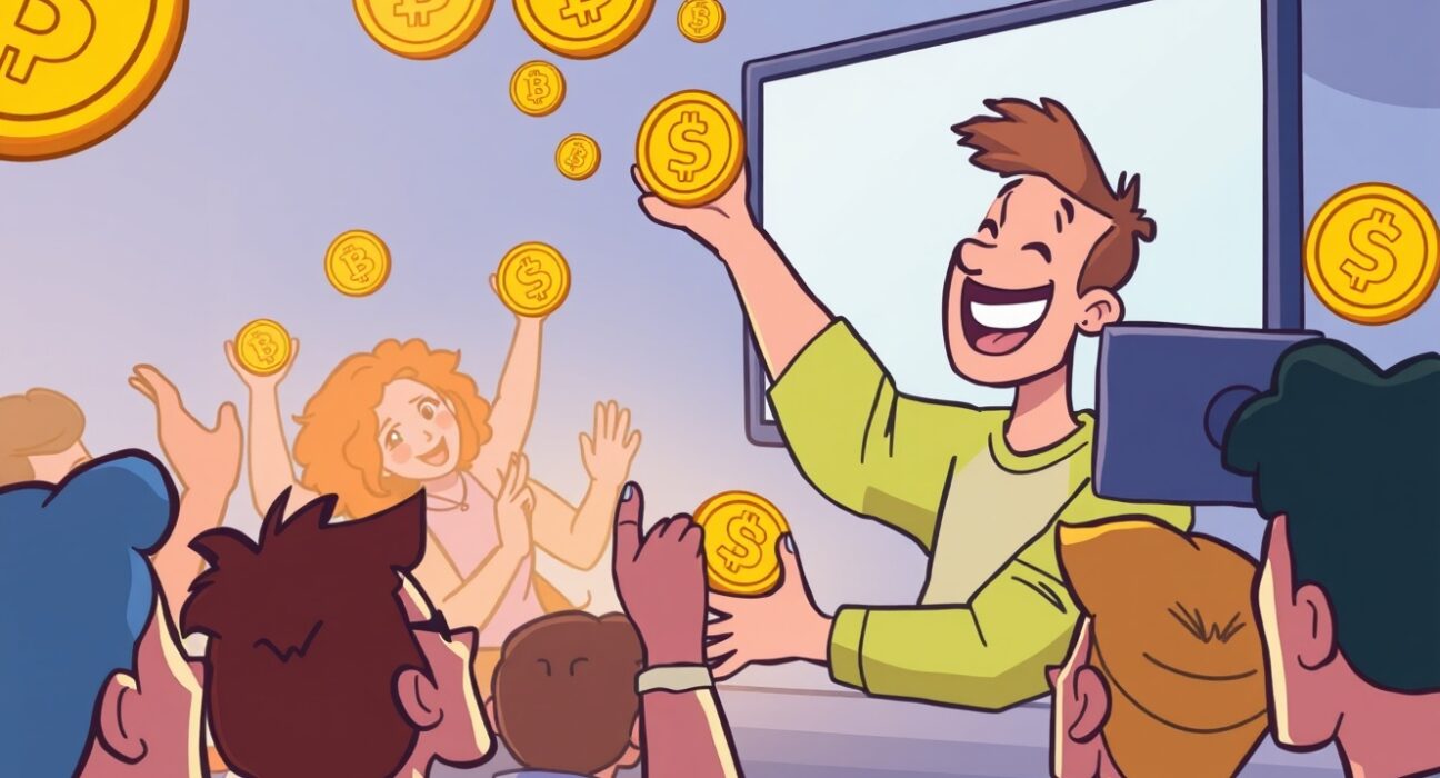 A streamer receives digital coins, symbolizing the new Rumble cryptocurrency tipping feature, enabling direct support from viewers.