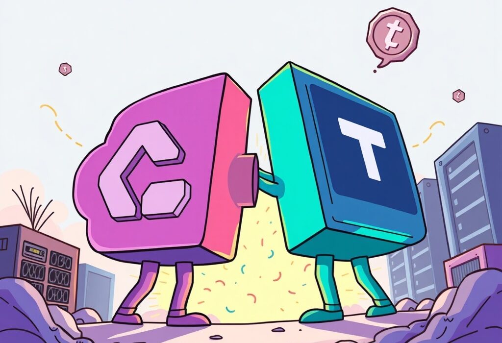 A cartoon image illustrating the Rumble Northern Data acquisition, symbolizing growth in cloud computing and GPU power.