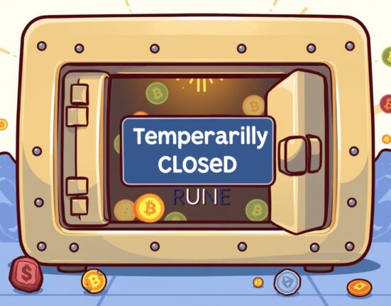 Cartoon depicting a temporary halt for RUNE deposits and withdrawals on a crypto exchange platform due to a network upgrade.