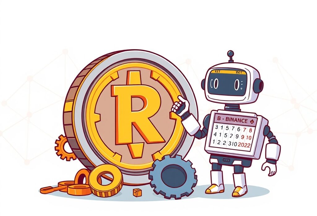 Cartoon illustration of a RUNE coin undergoing a crucial RUNE network upgrade, with a robot overseeing the process.