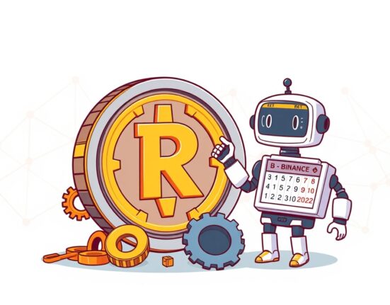Cartoon illustration of a RUNE coin undergoing a crucial RUNE network upgrade, with a robot overseeing the process.