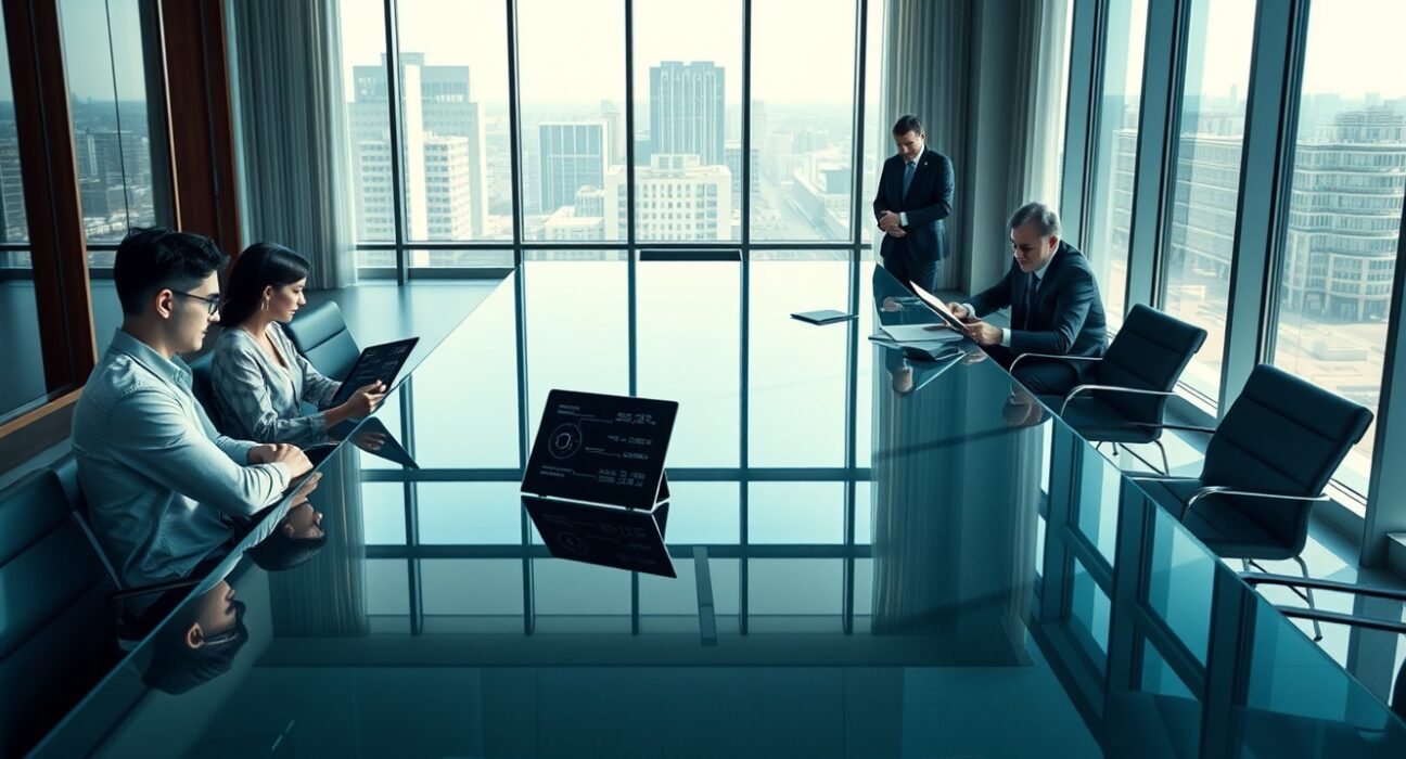 A boardroom scene showing a startup team and a corporate team in a tense meeting, representing the lawsuit between Runlayer and Rippling.