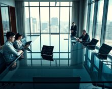 A boardroom scene showing a startup team and a corporate team in a tense meeting, representing the lawsuit between Runlayer and Rippling.
