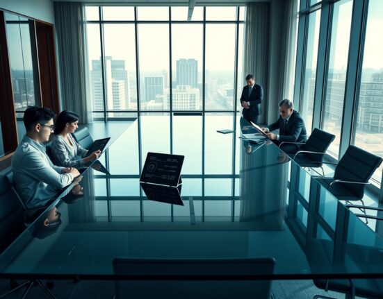 A boardroom scene showing a startup team and a corporate team in a tense meeting, representing the lawsuit between Runlayer and Rippling.