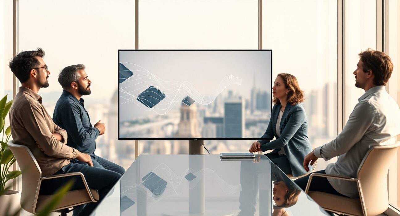 Startup founders pitching to investors in a meeting about Runway AI's new venture fund for early-stage companies.