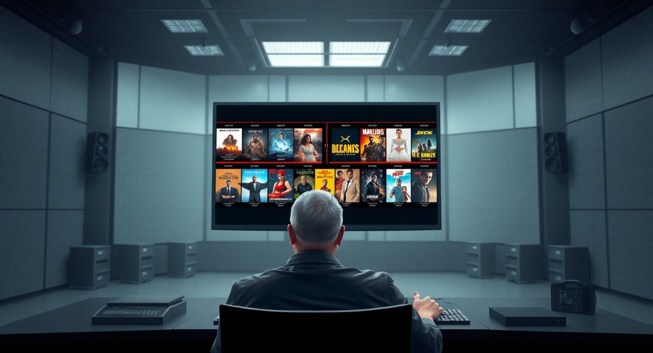 AI film production concept showing multiple movie ideas generated simultaneously in a studio.